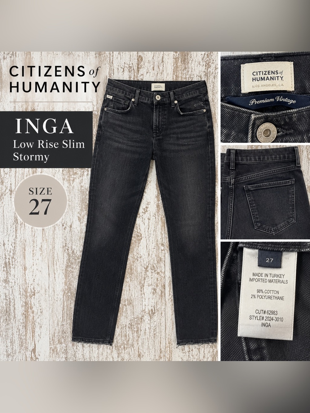 Citizens of Humanity Inga Low Rise Slim Jeans in Stormy, Women’s Size 27